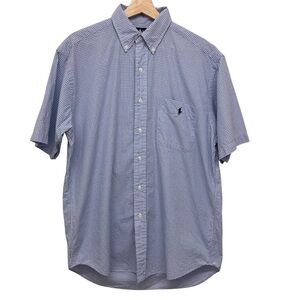 Ralph Lauren Men's Blue Small Check Button Down Short Sleeve Shirt - Medium